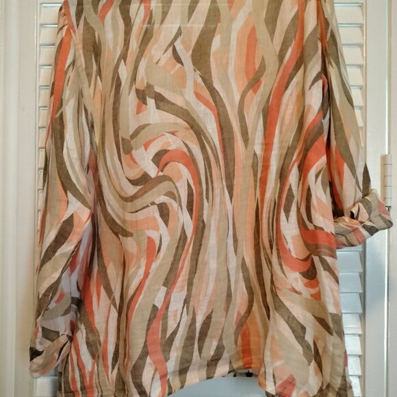 JM Collection Coral,tan and white linen shirt - Picture 2 of 5